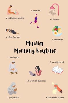 the muslim morning routine is shown in this graphic style, with different types of food and drinks