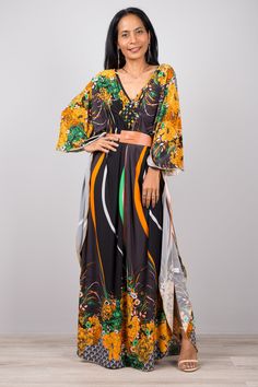 "Boho summer kaftan, Floral dress, Boho Kaftan Dress, Maxi Dress, Long loose fit dress, Kaftan, caftan, frock dress PRODUCT SIZE : One Size Fits Most * Chest : free up to 32 - 58\" * Waist : free up to 58\" * Hips : free up to 56\" * Length : 59\" from shoulder to hem, measured laying flat - when hanging it measures up to 60\" ) * Sleeve length : 24\" MATERIAL * ITY Polyester * No lining NOTE : * Model chest : 32\", waist : 24\" hips : 35\" * Combined Height is 5\"6 > I'm 5\"2 (158cm) and I'm Orange Kaftan With Kimono Sleeves For Spring, Orange Spring Kaftan With Kimono Sleeves, Orange Free Size V-neck Maxi Dress, Printed Tunic Maxi Dress For Festivals, Free Size Tunic Kaftan For Spring, Multicolor Tunic Maxi Dress For Summer, Bohemian Maxi Kaftan With Floral Print, Orange Maxi Length Kaftan For Spring, Spring Beachwear Maxi Tunic