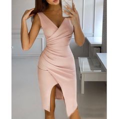 Material:+Polyester Gender:+Women Item+Type:Dress Sleeve+Length:+Sleeveless Color:+White,+Pink Size:+S,M,L,XL Sleeveless V Neck Dress, Dress With Split, Dress Sleeve Length, Chic And Elegant, Split Dress, Women Midi, Knee Length Dresses, African Fashion Dresses, Mode Fashion