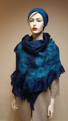 This is beautiful shawl. Unique and one of a kind! Rich Navy Blue silk with felted merino wool. Hand made 100%. On the second side 3D silk pattern. I use only the best Italian merino wool and silk.  It is wearable art! I am full time felter so buying from me support my  hand work and art Please feel free to contact me if you have  any questions or wishes! To care: Delicate hand wash or dry cleaning. More photos: www.facebook.com/VAveuna FREE SHIPPING WORLDWIDE The usual period of delivery is 7-10 days to European countries, 10-15 days to the USA, Canada,  14-21 days to Australia, New Zealand and other countries worldwide. Mothers Day Sale, Blue Shawl, Silk Pattern, Blue Cobalt, Shawl Pins, Nuno Felting, Hand Work, Blue Silk, Full Time