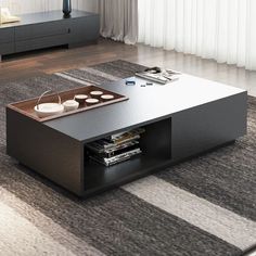 a modern coffee table in the middle of a living room