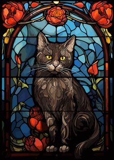 a cat sitting in front of a stained glass window