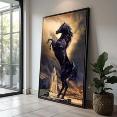 a painting of a black horse on the wall next to a potted plant