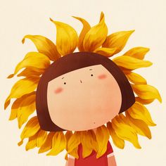 a drawing of a girl with sunflowers on her head and hair in the wind