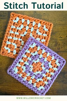 two crocheted squares sitting on top of a wooden table