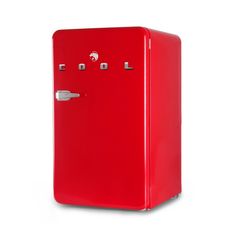 a red refrigerator sitting on top of a white floor