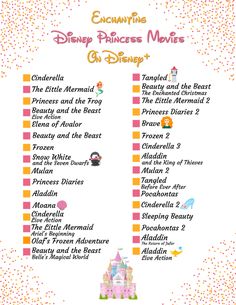 the disney princess movies list is shown in pink and orange with white dots on it