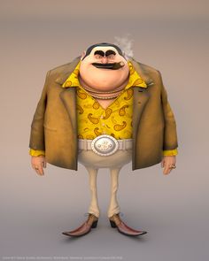 a cartoon character is standing in front of a gray background