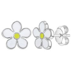 Your little girl wont be able to get enough of these daisy enamel flower earrings. Featuring a fun painted white and yellow enamel look, these earrings are just as delicate as the precious flower in your life. Crafted from a hypoallergenic material that will not cause any irritation on your little girls ears. A loving gift packaged into their own little gift box for your convenience. White Hypoallergenic Flower Earrings For Spring, Hypoallergenic White Flower Earrings For Spring, Cute Hypoallergenic Flower Shaped Earrings, Nickel-free White Earrings For Spring, White Daisy-shaped Jewelry For Spring, White Nickel Free Flower Earrings For Spring, White Daisy-shaped Spring Jewelry, Spring White Nickel-free Flower Earrings, White Nickel-free Flower Earrings For Spring