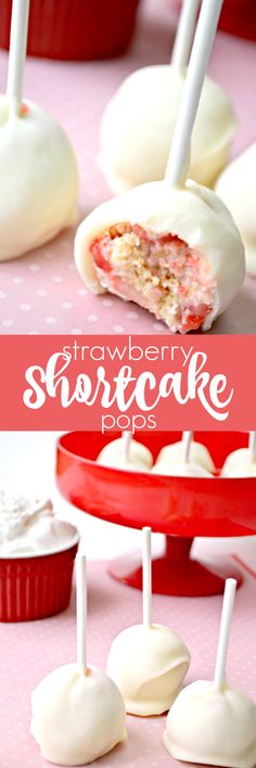 strawberry shortcake pops with white frosting and strawberries in the background on a pink table