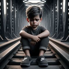 a young boy sitting on train tracks with his arms crossed and looking down at the ground