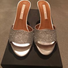 New In Box Veronica Beard Nev Glitter Heels. Size 39. Retail $295 Criss Cross Sandals, Ankle Strap Sandals Heels, Platform Clogs, Platform Block Heels, Glitter Heels, Pink Pumps, Platform Sandals Heels, Gold Sandals, Silver Heels