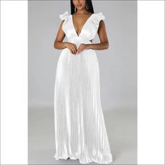 Deep V - neck Backless Lace - up Maxi Dress - S / White White Pleated V-neck Maxi Dress, White Fitted V-neck Maxi Dress, White V-neck Stretch Maxi Dress, White Stretch V-neck Maxi Dress, White V-neck Fitted Maxi Dress, White Maxi V-neck Party Dress, Pleated V-neck Maxi Dress For Night Out, White V-neck Maxi Dress For Night Out, White V-neck Pleated Maxi Dress