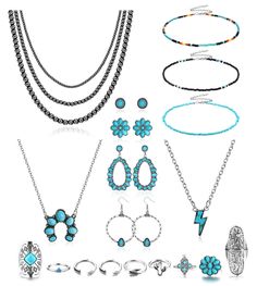 PRICES MAY VARY. ✨【Western Jewelry for Women】-- One western jewelry set contains 1PCS Layered Navajo Pearl Necklace, 2PCS Western Pendant Necklace, 3PCS Beaded Choker Necklace, 4PAIRS Turquoise Earrings and 9PCS Vintage Knuckle Rings. Special western boho designs bring unique freshness to your daily outfits. ✨【Turquoise Special Meaning】-- Turquoise symbolizes lucky and happiness, has a special meaning of warmth, beauty and power. Wearing the western jewelry will bring you good luck. The classic Turquoise Jewelry Set, Earrings Western, Turquoise Western, Western Apparel, Turquoise Pendant Necklace, Turquoise Earrings Dangle, Versatile Jewelry, Necklace Turquoise, Knuckle Rings