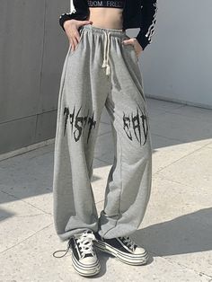 Punk Letter Print Straight Leg Sweatpants Straight Leg Sweatpants, Sweatpants Black, Pockets Design, Casual Sporty, Vintage Fabric, Letter Print, Bottoms Pants, Letter Prints, Jogging