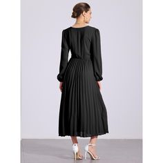 The pleated dress goes great with any body shape, great on you whenever and wherever you decide to wear it. This elegant dress designed with puff sleeves and pleated hem, adds a touch of fashion to your wardrobe. Perfect for casual indoor daily wear and outdoor business activities like work, office, interviews, meetings, and so on. Pair with high heels for a chic and exquisite look. This versatile dress is made from a blend of 95% Polyester and 5% Spandex, ensuring a comfortable fit and easy mai Solid Color Pleated Midi Dress, Solid Color Pleated Dress With Puff Sleeves, Fall Pleated Dresses With Lantern Sleeves, Pleated Billowy Dress, Spring Pleated Dress With Bishop Sleeves, Fall Pleated Lantern Sleeve Dresses, Solid Color Pleated Puff Sleeve Dress, Chic Pleated Dress With Bishop Sleeves, Billowy Pleated Dress