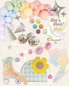 an assortment of party items including balloons, confetti, and other decorative objects