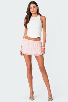 Mini skirt Stretch waist Tiered design Chiffon fabric Polyester Model wears size S Model height is 5'9 Item care: Wash with similar color Chiffon Mini Skirt, Slim Fit Cargo Pants, Pink Mini Skirt, Ruffle Mini Skirt, Maxi Styles, Swimwear Dress, Pink Ruffle, Kids Swimwear, Slim Fit Pants