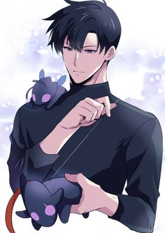 an anime character holding a stuffed animal in his arms and looking at the camera man