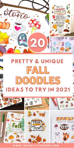 the words pretty and unique fall doodles ideas to try in 2021 on top of pictures