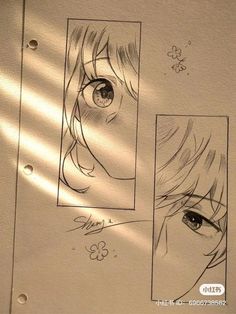 an anime storyboard with two pictures of the same person's eyes