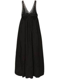 black cotton crochet panelling V-neck sleeveless empire line pleated skirt straight hem long length Luxury Pointelle Knit Dresses, Black V-neck Crochet Dress, Farfetch Area Top, Farfetch Black Bag, Crochet Panels, Crochet Panel, Black Dress Farfetch, Skirt Straight, Cotton Maxi Dress