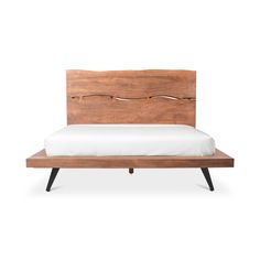 a bed with wooden headboard and foot board on top of the bed, against a white background