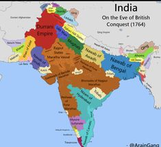 the map of india with all states and their major cities in red, blue, green, yellow, orange, and brown