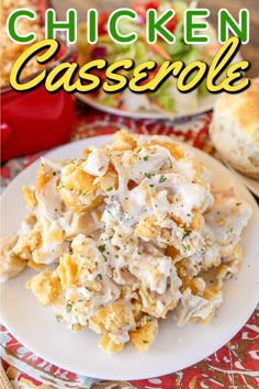 chicken casserole on a white plate with text overlay