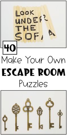 an assortment of key pieces with the words how to make your own escape room puzzles