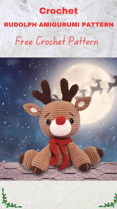 a crocheted reindeer sitting on top of a snow covered ground with the words rudolph amigurm pattern