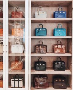 many different purses are on shelves in a closet