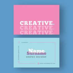 two business cards with the words creative and name in pink, blue and green colors