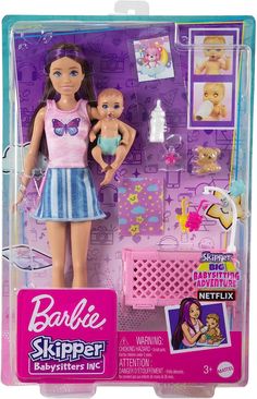 the barbie doll is wearing a pink shirt and blue skirt