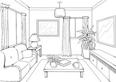 a drawing of a living room with couches, coffee table and potted plant