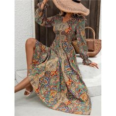 -Item Id 31255160 -Details: Ruffle, Shirred -Neckline: V Neck -Sleeve Type: Flare Sleeve -Style: Boho -Type: A Line -Waist Line: High Waist -Hem Shaped: Flared -Color: Multicolor -Pattern Type: Geometric, Paisley -Sleeve Length: Long Sleeve -Fit Type: Regular Fit -Length: Maxi -Material: Woven Fabric -Composition: 95% Polyester, 5% Elastane -Care Instructions: Machine Wash Or Professional Dry Clean -Sheer: No -Fabric: Non-Stretch **Open To Offers!!!** **Bundle To Save More** **30% Off Bundles Of Casual Multicolor Floral Print Boho Dress, Hippie Paisley Print Dress For Spring, Casual V-neck Boho Dress With Paisley Print, Casual Boho Dress With Floral Print, Fall Vacation Dresses With Paisley Print, Casual Multicolor Boho Dress With Paisley Print, Casual Multicolor Paisley Print Boho Dress, Multicolor Paisley Print Dresses For Fall, Brown Paisley Print Summer Dress