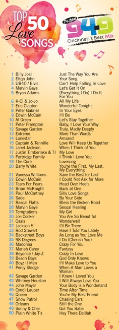 the top 50 love songs list for this valentine's day is shown in pink and yellow