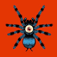 a blue and black spider sitting on top of a red background with an orange bottom