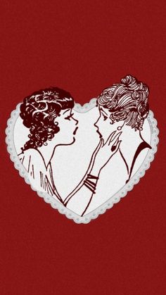 two women are facing each other in the shape of a heart on a red background