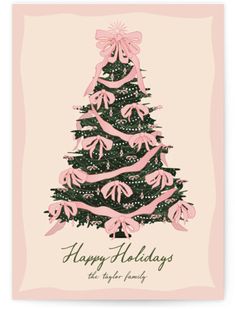 a christmas tree with pink bows on it and the words happy holidays written in green