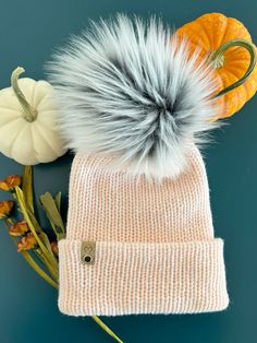 See everything on my Etsy! Cold Weather Beanie With Pom Poms, Fall Beanie With Pom Poms For Cold Weather, Skull Cap Beanie, Powder Pink, Skull Cap, Knit Beanie, Blush Pink, Caps Hats, Faux Fur