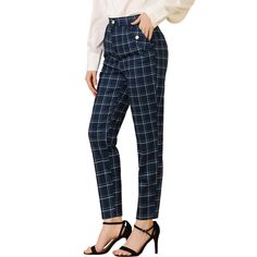 Retro and classic, this pant style with softly plaid fabric and elastic waist. Rich plaid patterning gives this long pant that classic, elegant look. Perfectly pair with tops and casual shoes for a vintage and fashion look. A classic plaid motif adds timeless sophistication to a long pants with an easy design. Suitable for Casual, Street, Dating, Party, Weekend Gathering, Holiday and Daily Wear. Size: small. Color: dark blue. Gender: female. Age Group: adult. Material: Polyester. Casual Plaid Bottoms, Casual Plaid Bottoms For Office, Casual Plaid Office Bottoms, Casual Plaid Pants For Office, Casual Plaid Office Pants, Preppy Cotton Bottoms For Fall, Plaid Pants For Business Casual, Plaid Casual Pants For Business Casual, Casual Plaid Bottoms With Button Closure