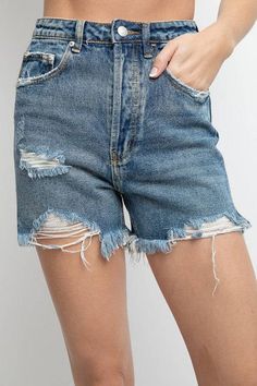 High rise destroyed denim shorts features center button down for closure. side and back pockets. belt loops. frayed ends. 100% Cotton Destroyed Denim Shorts, Destroyed Denim, Women Men Shoes, Trending Today, Clothing Apparel, Wholesale Clothing, Apparel Accessories, Jean Shorts, Denim Shorts