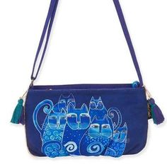 Premium Quality Laurel Burch Feline Cat Small Crossbody Purse Tote Bag Handbag Blue , Bags Blue Rectangular Bag With Cat Design, 5 Cats, Small Crossbody Purse, Laurel Burch, Handmade Handbags, Medium Tote, Chic Handbags, Crossbody Tote, Small Crossbody