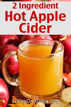 an apple cider with apples and cinnamon on the side, next to it is text that reads 2 ingredient hot apple cider