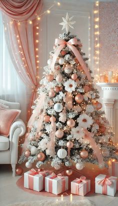 a decorated christmas tree with pink and white ornaments on it, surrounded by gift boxes