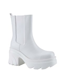 These charming boots are guaranteed to add a burst of style to any outfit. With their stretchy side pull-up feature and fashionable rain boot design, they offer a comfortable and true fit for most. These flat boots also come with a cushioned footbed for added comfort.Women's Platform Color-Block Chunky Heel Boots Chelsea Elastic Bootie Slip On Square Toe Ankle Boots White Cool,Punk,Funky,Fashionable    Plain Combat Boots,Chelsea Boots,Booties   Women Shoes, size features are:Bust: ,Length: ,Slee White High Ankle Platform Boots With Lug Sole, Fitted White Ankle Platform Boots, White Platform Ankle Boots With Zipper, White Faux Leather Platform Boots With Reinforced Heel, White Medium Width Ankle-high Platform Boots, Square Toe Ankle Boots, Chunky Heel Boots, Boot Design, Boots Chelsea