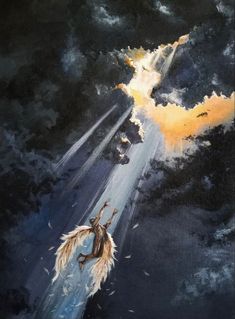 a painting of a man flying through the sky