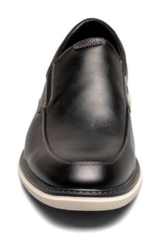 Clean topstitching lends handsome style to this sleek slip-on fitted with a cushioned footbed and shaped by a classic moc toe. Synthetic upper and lining/rubber sole Imported Black Moc Toe Slip-ons With Cushioned Footbed, Classic Slip-resistant Moc Toe Slip-ons, Modern Leather Slip-ons With Slip-resistant Sole, Modern Leather Slip-resistant Slip-ons, Classic Synthetic Moc Toe Slip-ons, Casual Black Slip-ons For Business Casual, Black Moc Toe Slip-ons With Stitched Sole, Black Slip-ons With Moc Toe And Rubber Sole, Black Slip-ons With Cushioned Footbed And Moc Toe