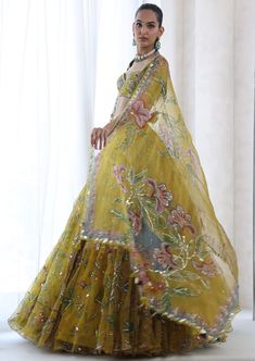 Embroidered blouse with heavily embroidered lehenga and dupatta. Dreamy Lehenga, Mahima Mahajan, Embroidered Embellishments, Heavy Lehenga, Lehenga Style Saree, Print Lehenga, Ghaghra Choli, Indian Bridesmaid Dresses, Yellow Lehenga